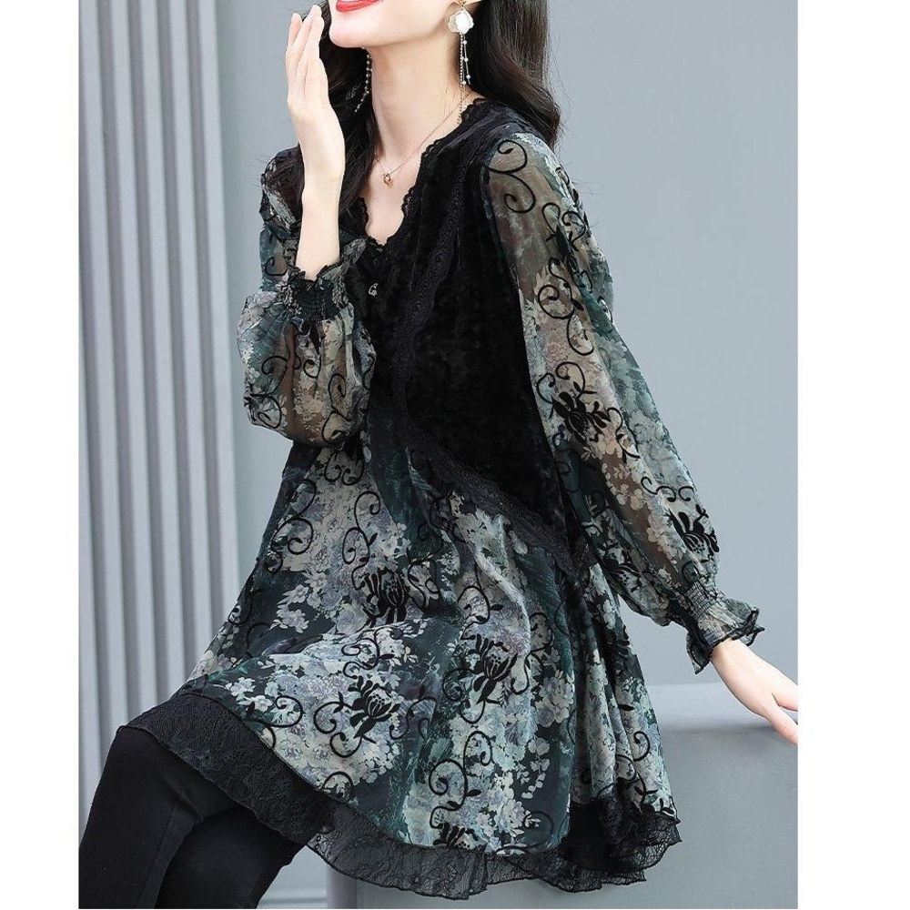 Velvet and Chiffon Flowy Floral Ruffled Top Size Large Whimsigoth Fairy
